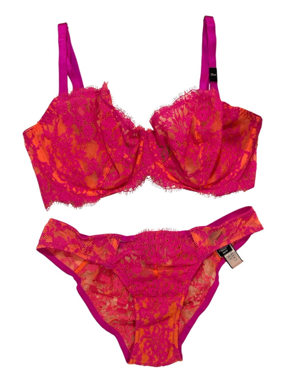 RARE Victoria’s Secret Lace Balconette Bra Set | Hot Pink & Orange | 32DD / XS